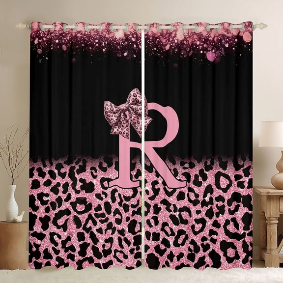Erosebridal Chic Cheetah Pattern Black Out Curtains,Pink Glitter Print Bowknot Letter R Curtains Pack of 2 (42x63 Each) For Girls Kids