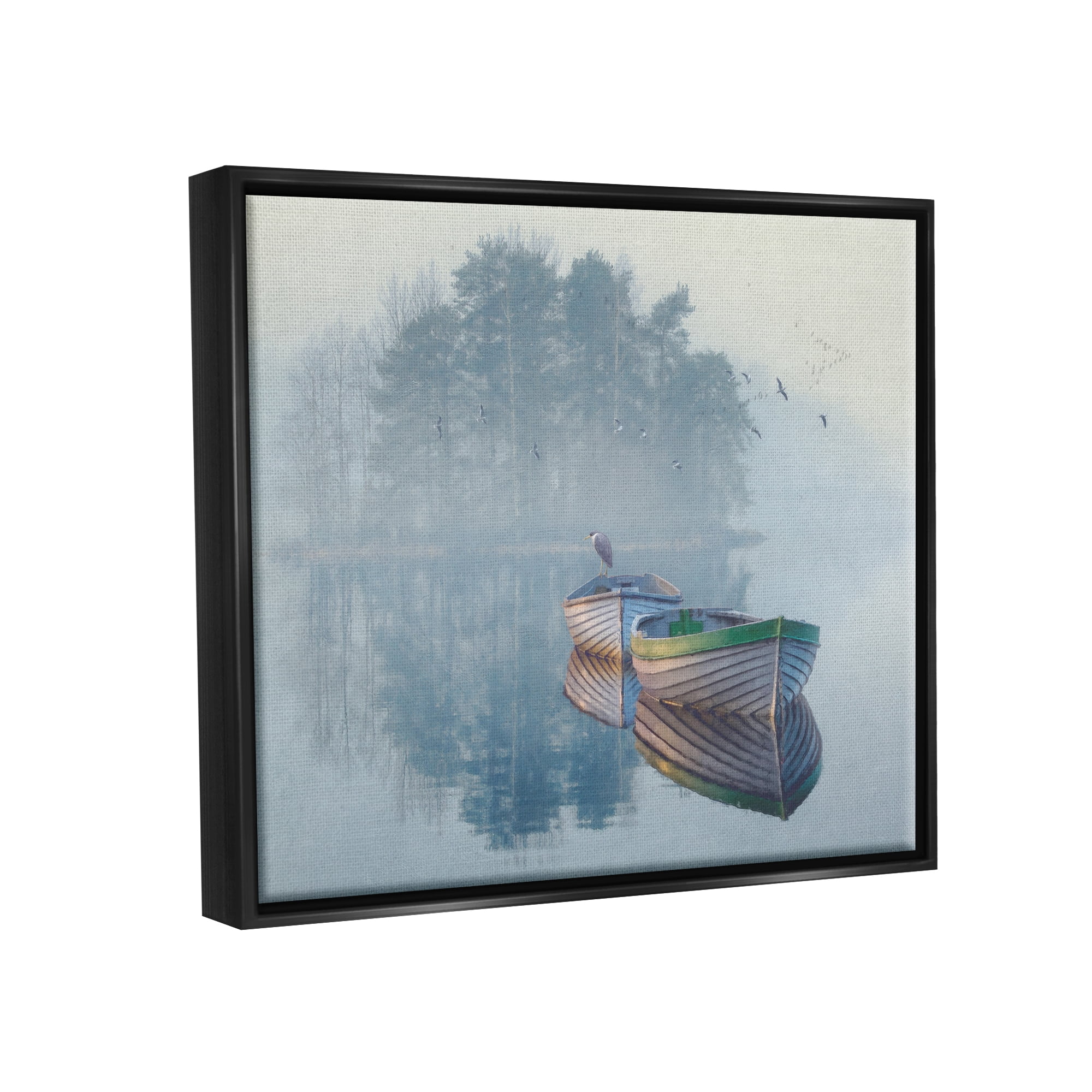Stupell Foggy Boat Lake Reflection Landscape Painting Black Floater Framed Art Print Wall Art
