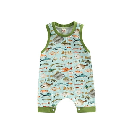 

COUTEXYI Newborn Sleeveless Patchwork Edge Romper Marine Animals Printed Round Neck Snap Crotch Loose Fit Bodysuit