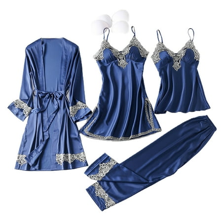

Women Autumn Ice Silk 4 Pieces Pajamas Set Cami Top Long Pants Dress Robe Embroidery Lace Trim Sexy Sleepwear with Chest Pads Nightwear