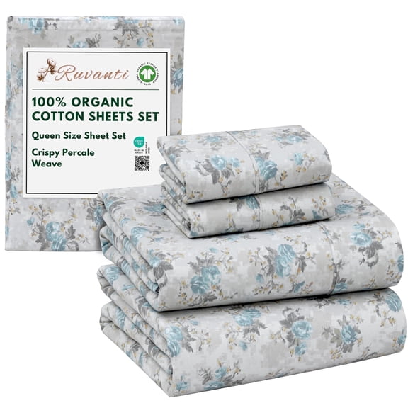 RUVANTI 100% Organic Cotton Sheets - Queen Sheet Set - 4 Piece Percale Weave Bedding, Crisp, Cooling & Breathable, Soft & Durable, 16" Deep Pocket, Hotel Quality Sábanas - Blue Rose