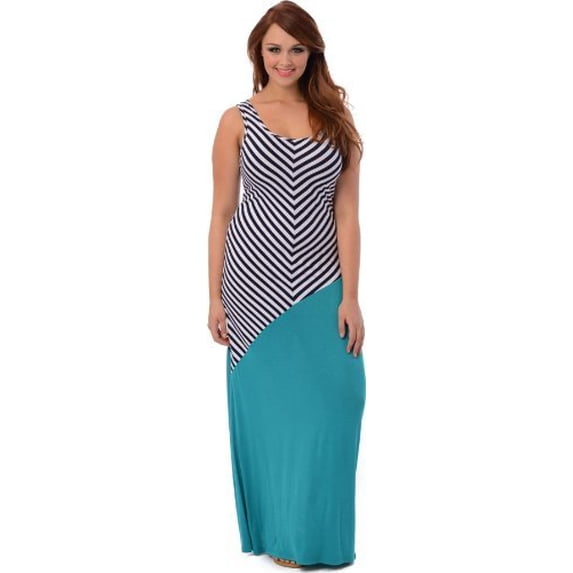Diagonal Stripe Color Block Maxi Dress, 3X, Navy-White-Teal