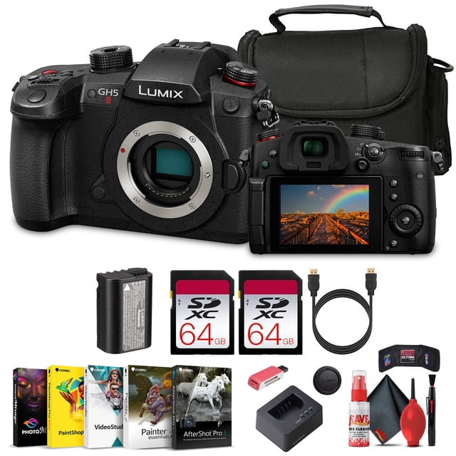 Panasonic Lumix GH5 II Mirrorless Micro Four Thirds Camera (DC-GH5M2BODY) with 2 x 64 GB Memory Card + Carry Case + Cleaning Kit + Art Studio Software + More