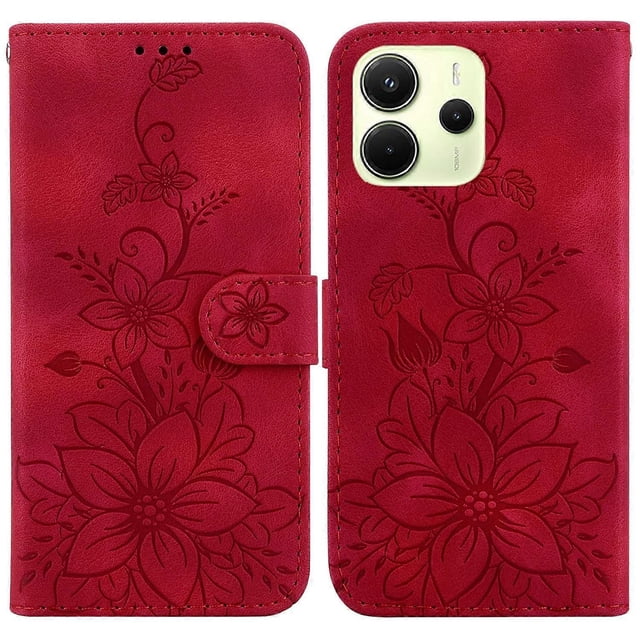 For Xiaomi Redmi Note 14 4G (163.25x76.55x8.16mm) Case Lily Flower Imprint Leather Phone Cover with