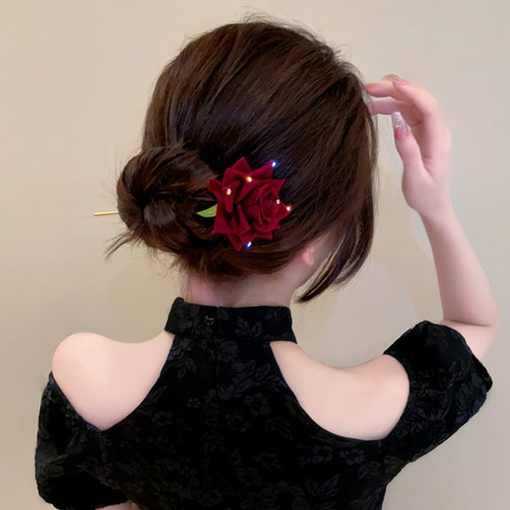 NIAIZEK Red Floral Hair Stick Pin Elegant Chinese Style Hairpin for Party and Daily Wear