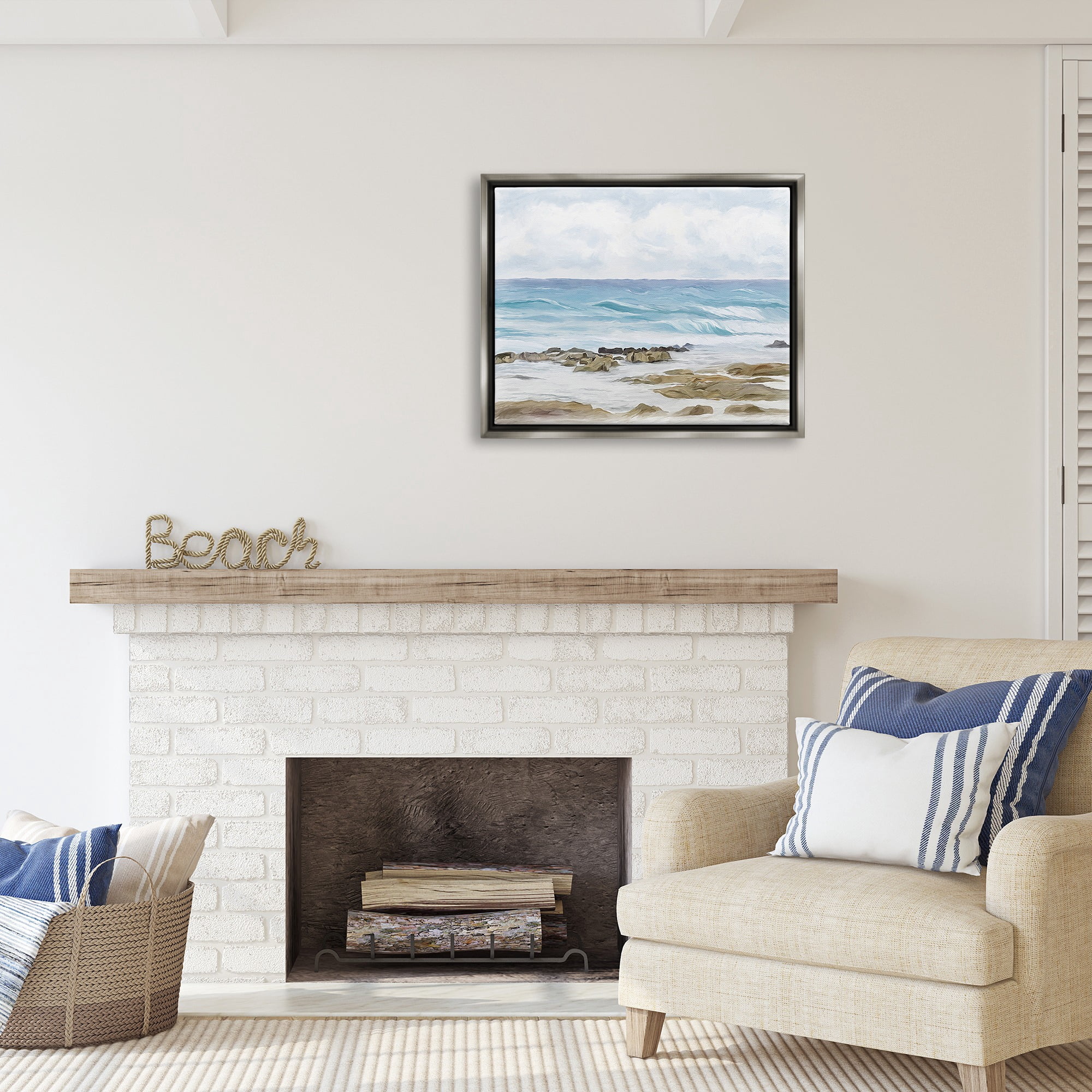 Stupell Industries Rocky Shore Beach Waves Landscape Painting Gray Floater Framed Canvas Art Print Wall Art, 31 x 25