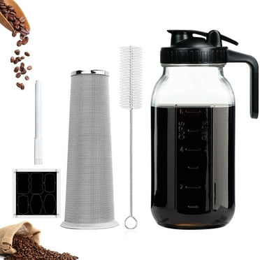 TINANA Cold Brew Coffee Maker, 64OZ Wide Mouth Mason Jar Pitcher with Stainless Steel Filter, Pour Spout Handle Lid, Heavy Duty Glass Airtight & Leak-Proof Pitcher for Iced Brew Coffee & Tea Lemonade