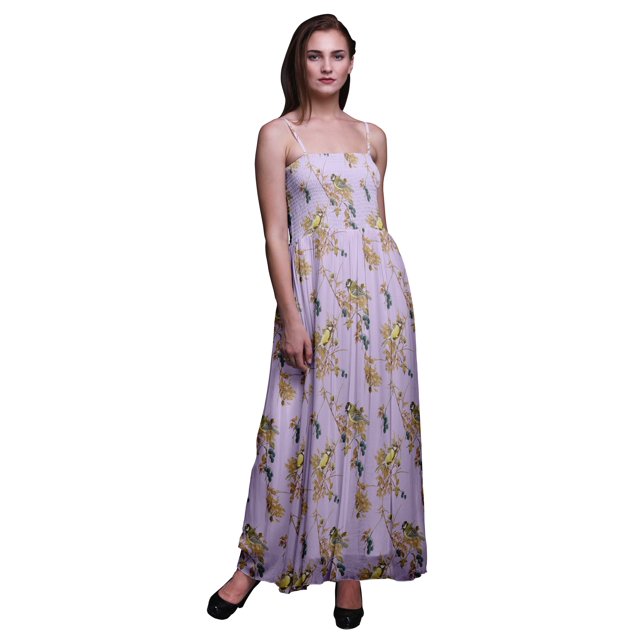Bimba Robe à Bretelles Smockée en Georgette Imprimée de Baies Noires et de Moineau Jaune pour Femmes - Grande