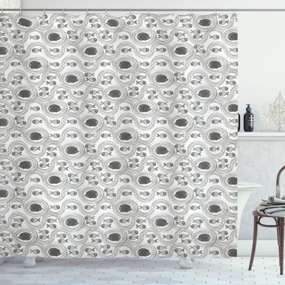 Fish Shower Curtain, Nautical Animals with Sketch Style Stripes Monochrome Aquarium Composition, Fabric Bathroom Set with Hooks, 69W X 75L Inches Long, Dark Taupe and White, by Ambesonne