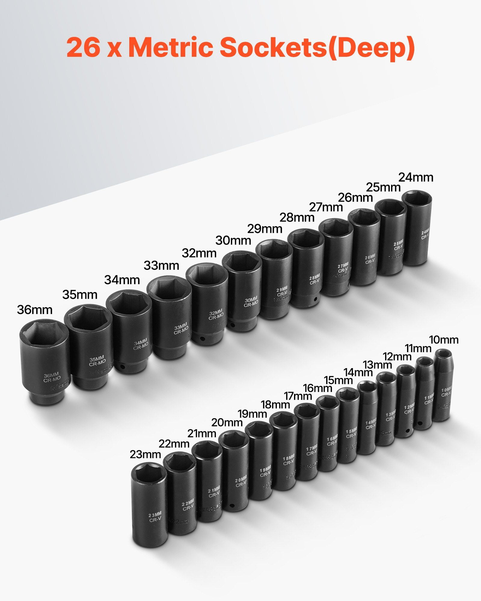 Drive Impact Socket Set 1/2" 26 Piece Deep Sockets Set Metric 11mm -36mm