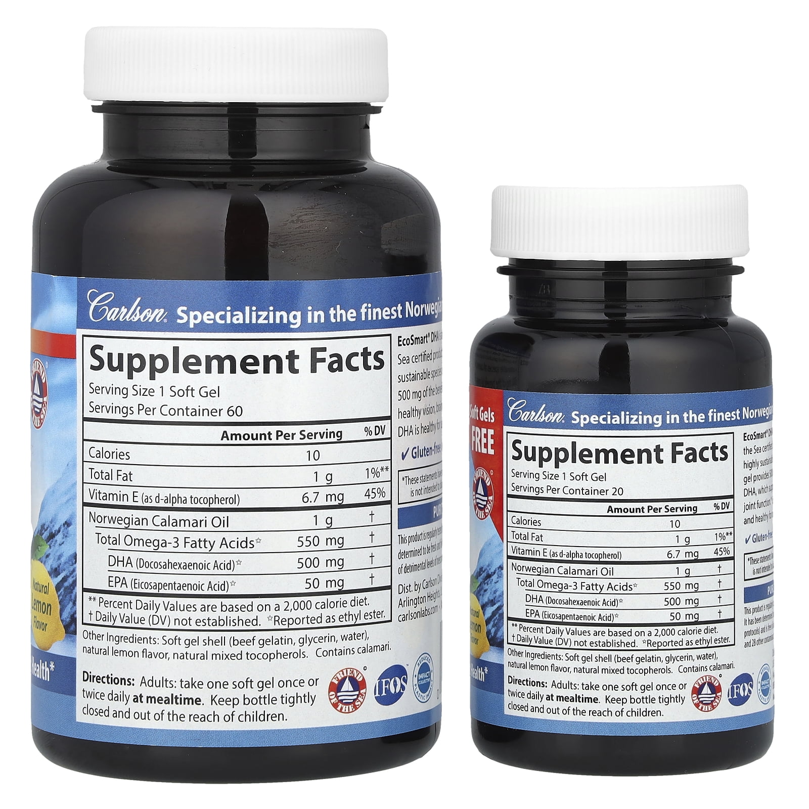 Carlson EcoSmart® DHA, Natural Lemon, 500 mg, 60 Soft Gels + 20 Soft Gels