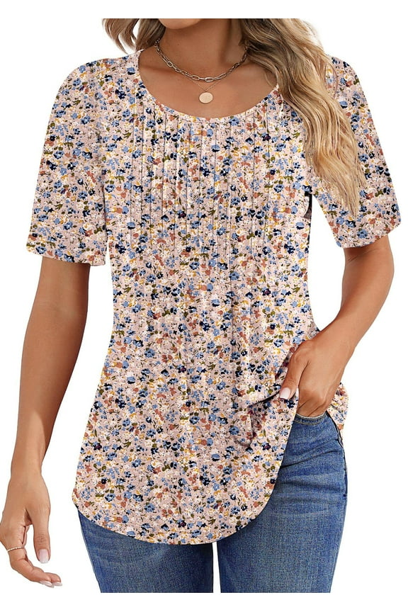 Blouses for Women Pleated Short Sleeve Tunic Tops Dressy Casual Summer Shirts