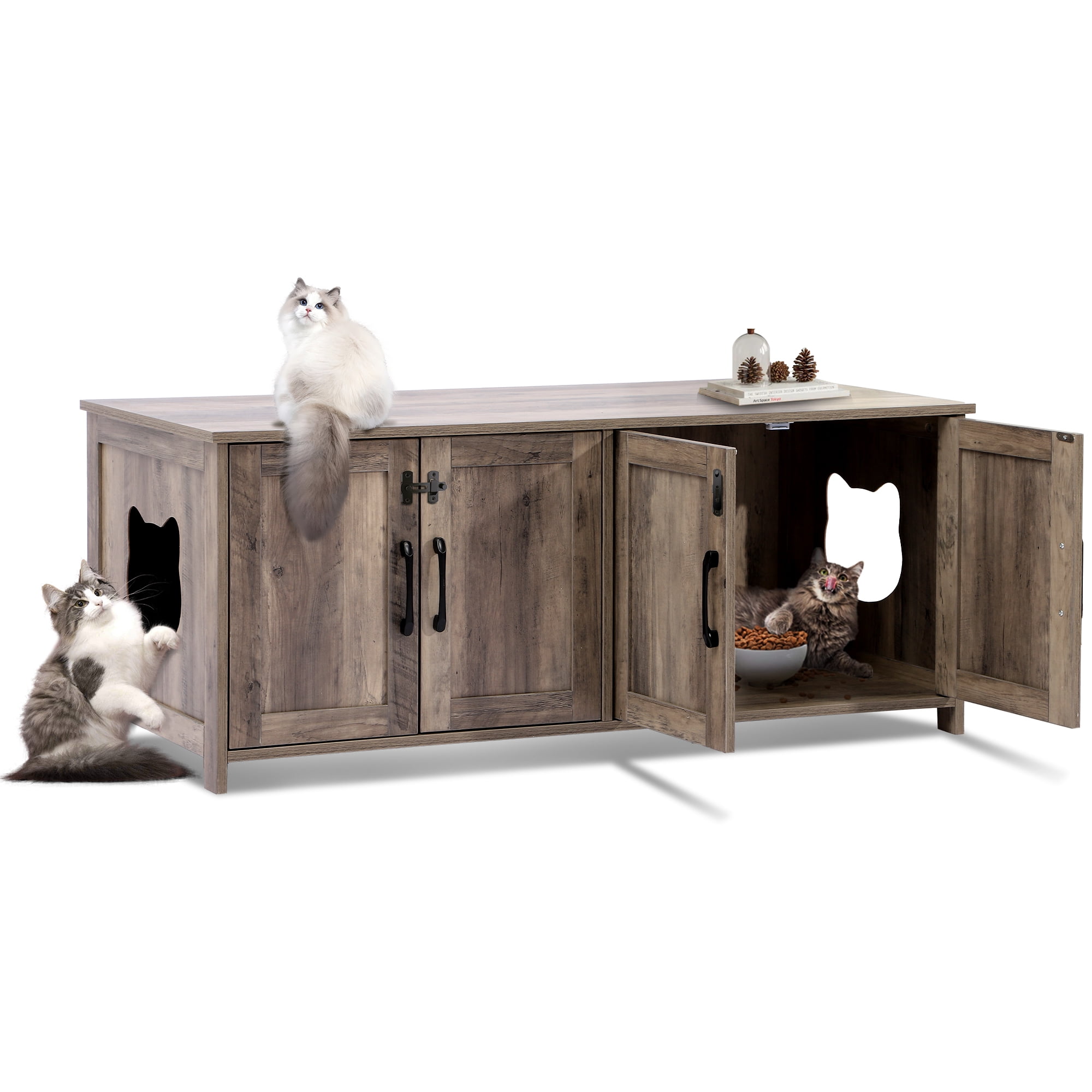 Haverchair Cat Litter Box Enclosure for 2 Cats - Litter Box Furniture Hidden with Lockable Door,Wooden Cat Washroom Furniture with Double Room,Cat House,Hideaway Litter Box,Greige