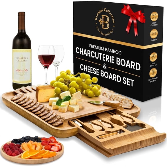 Bambusi Bamboo Charcuterie Board Gift Set with Hidden Drawer, Unique Bamboo Cheese Board 8 Piece Serving Utensils Knives & Wine Opener, Charcuterie Platter & Serving Tray (13.5” x 13.5”)