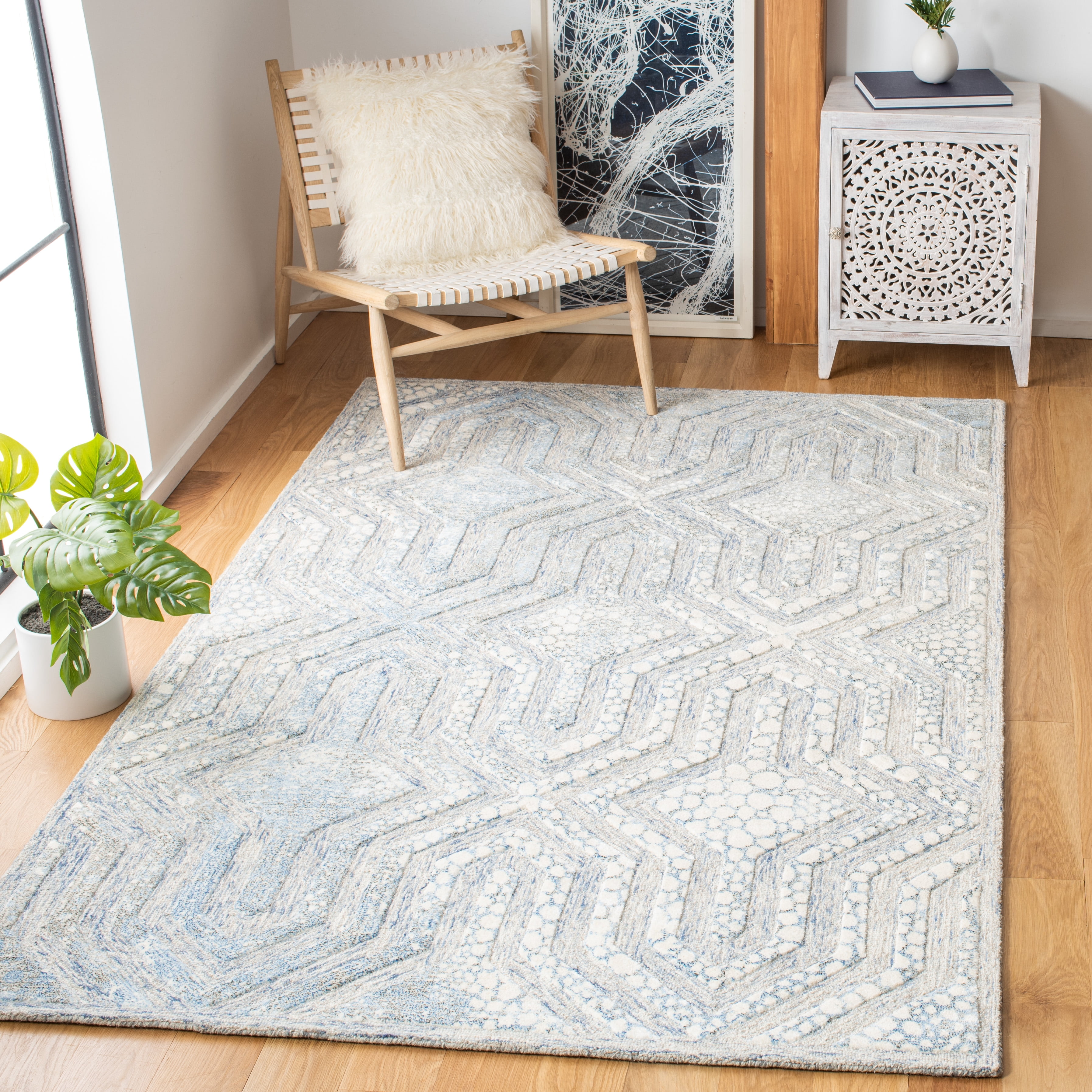 SAFAVIEH Restoration Vintage Rubye Geometric Area Rug, Blue/Ivory, 4' x 6'