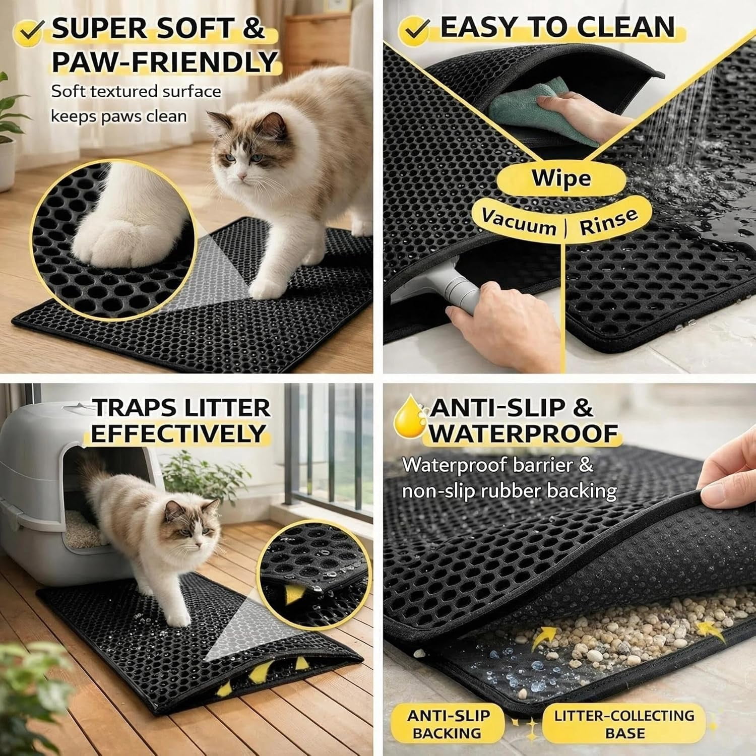 Cat Litter Mat Double Layer Litter Trapping Mat, Non-Slip Waterproof Urine Proof Easy Clean Kitty Litter Box Mat for Pet Floor Scatter Control (Black,30x22in-1 Pieces)