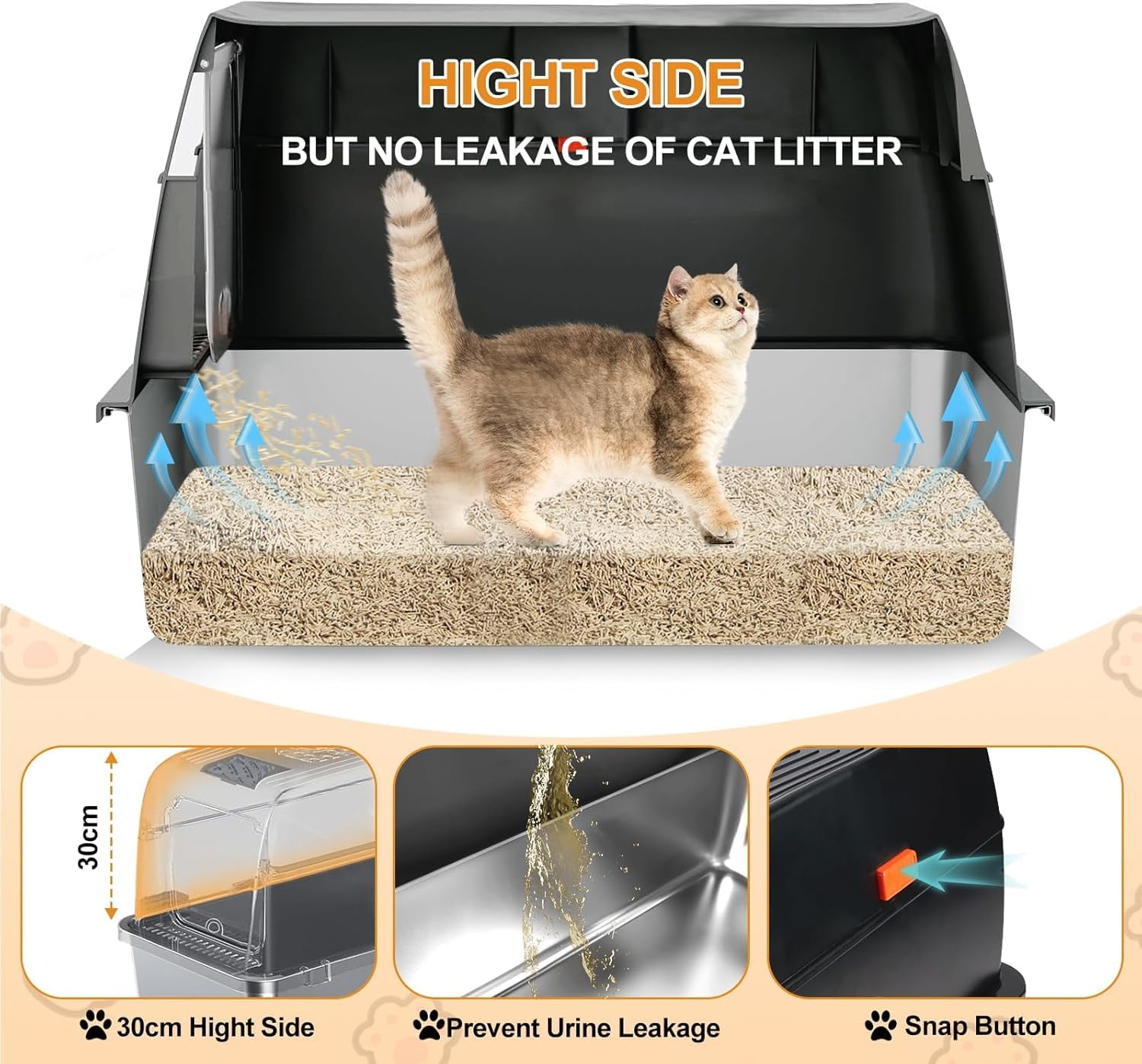 Kalolary Stainless Steel Cat Litter Box with Lid, Removable Metal Tray for Large Cats, Top Entry, High-Sided Enclosure, Scoop, Pedal, Anti-Leakage, Non-Sticky, Easy Cleaning (Black)