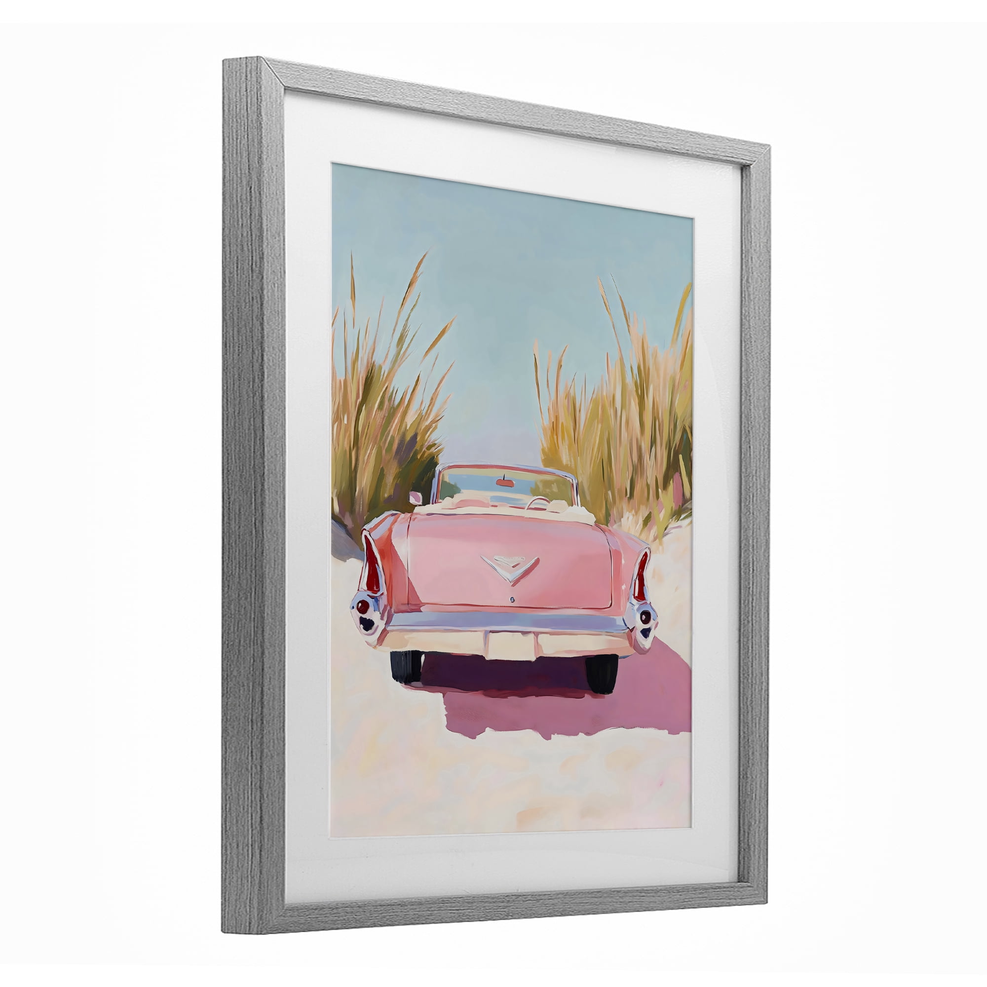 Stupell Industries Pink Cadillac on Beach Gray Framed Print Under Glass, design by The Prints Vibe