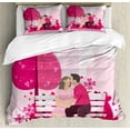 thumbnail image 1 of Kissing Duvet Cover Set King Size, Pinkish Graphic Illustrated Artwork of Romantic Amorous Couple on Bench in the Park, Decorative 3 Piece Bedding Set with 2 Pillow Shams, Pink Rose, by Ambesonne, 1 of 3