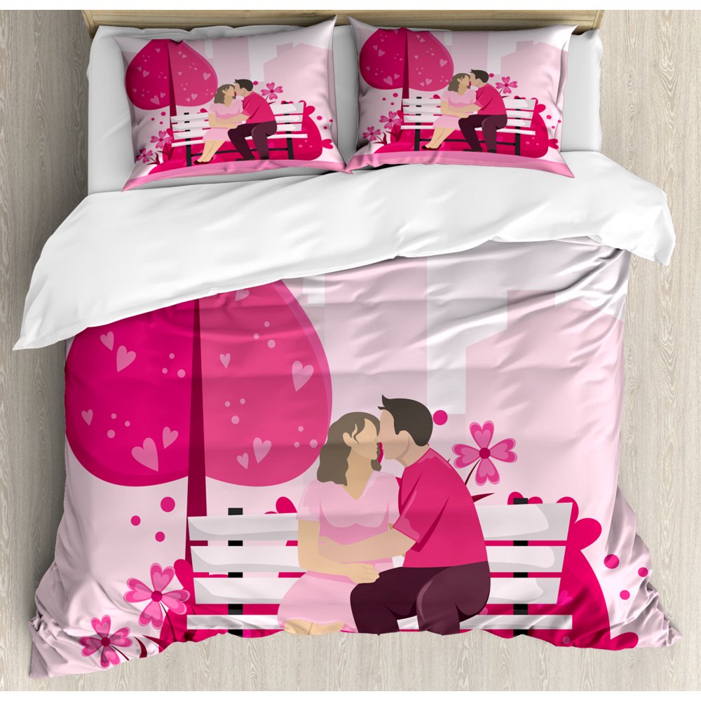 Kissing Duvet Cover Set Queen Size, Pinkish Graphic Illustrated Artwork