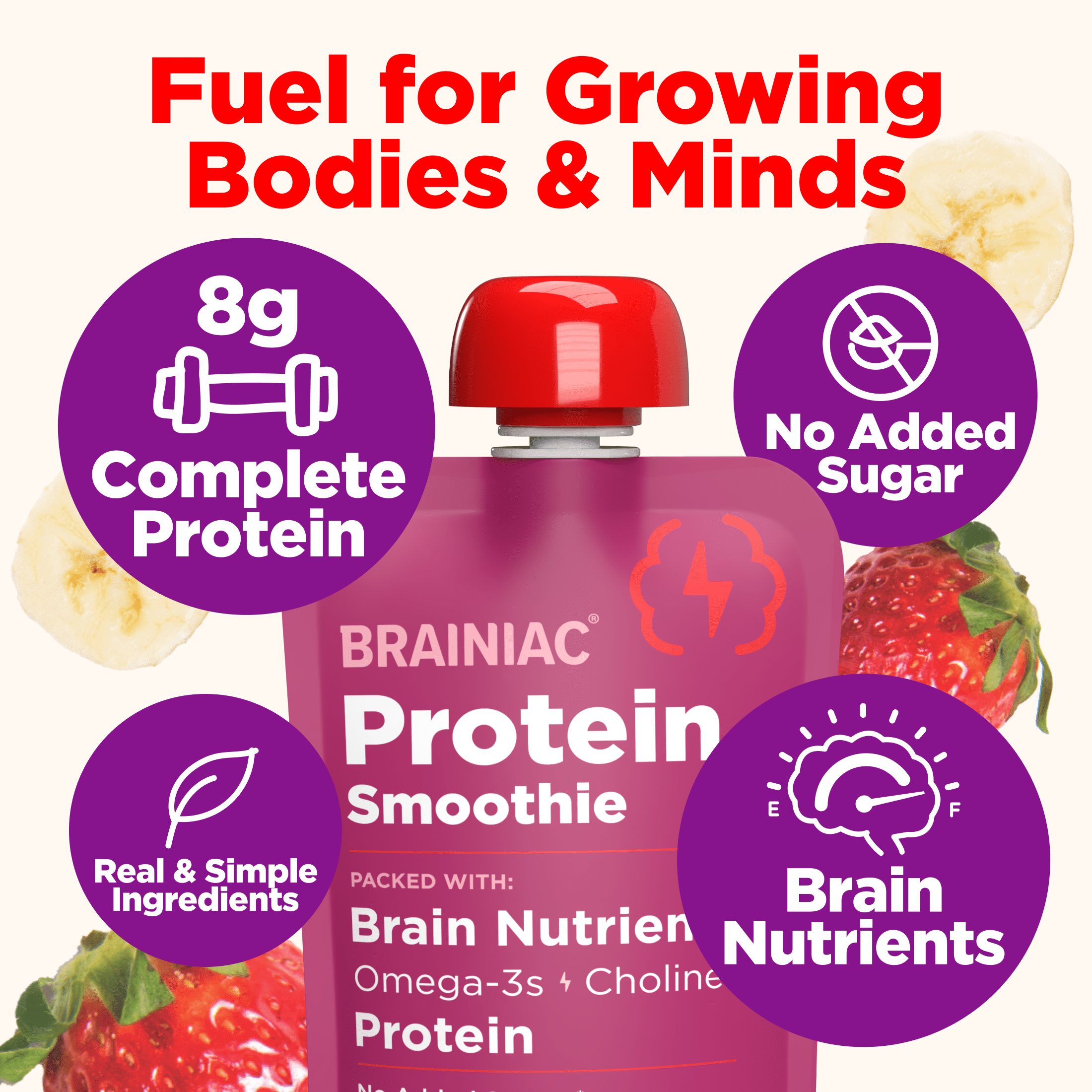 Brainiac Protein Smoothies with Omega-3s, Strawberry Banana, No Sugar Added, 4 oz, 4ct