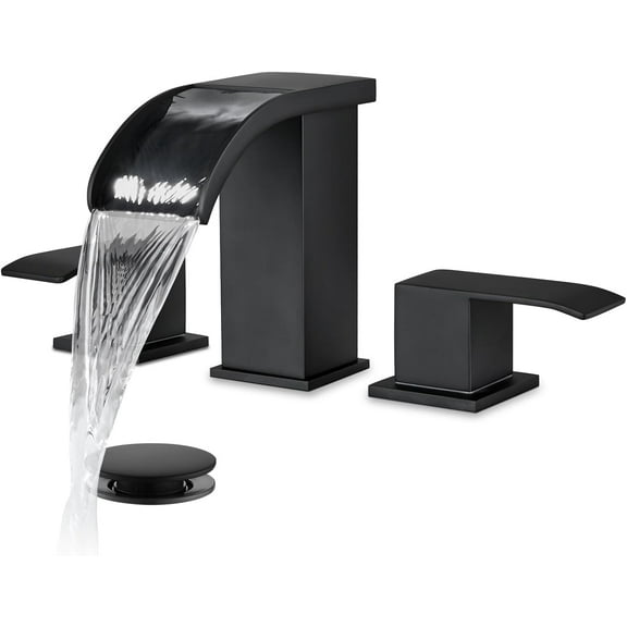 Waterfall 8 inch Widespread Bathroom Faucet Set Bathroom Sink Faucet 3 Hole 2 Handle Vanity Lavatory Deck Mount with Pop Up Drain and Water Supply Lines Square Body Matte Black