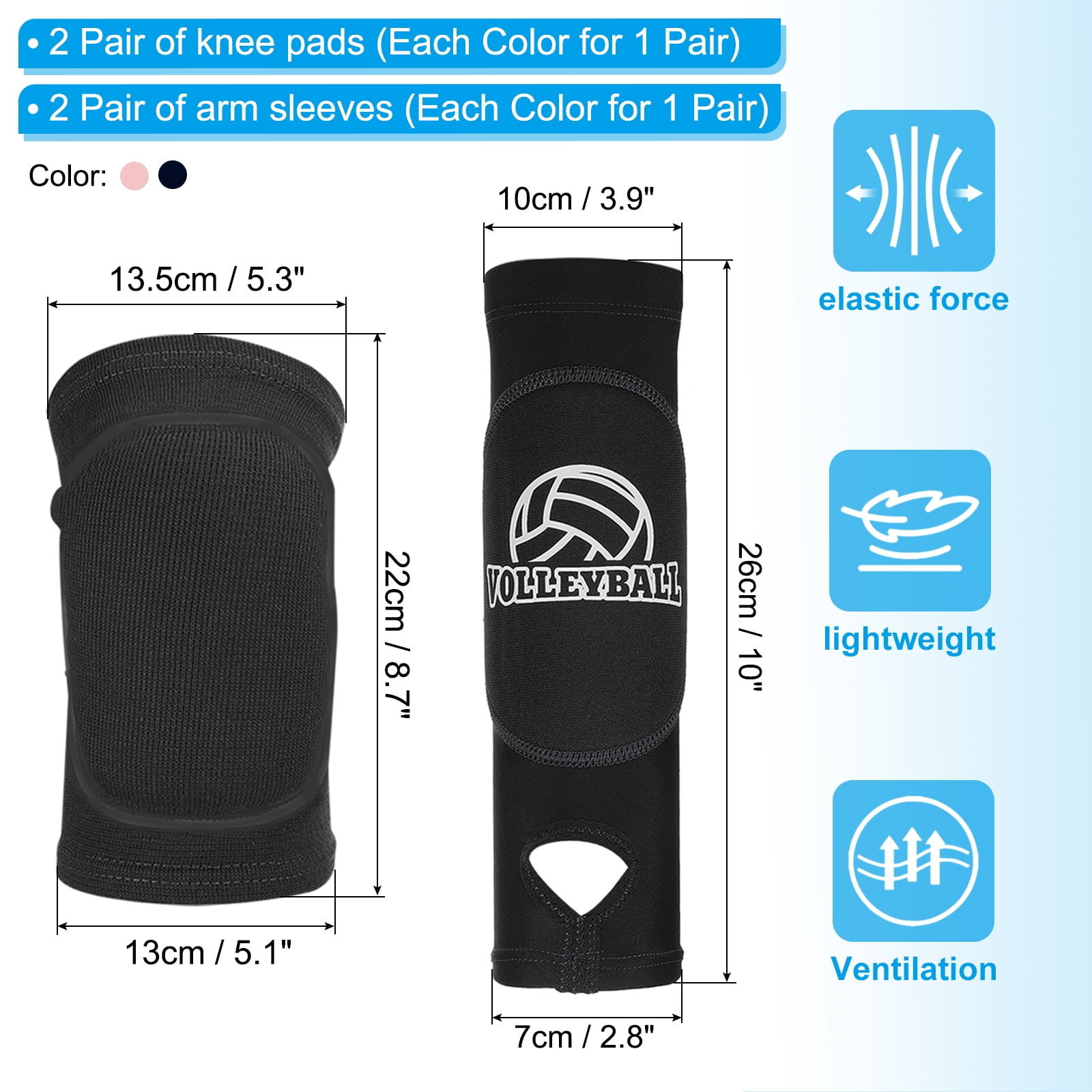 Uxcell 4 Pair 5.3"/5.1" Volleyball Arm Sleeves Knee Pads with Protection Pads Thumbhole for Teenagers Women, Black, Pink