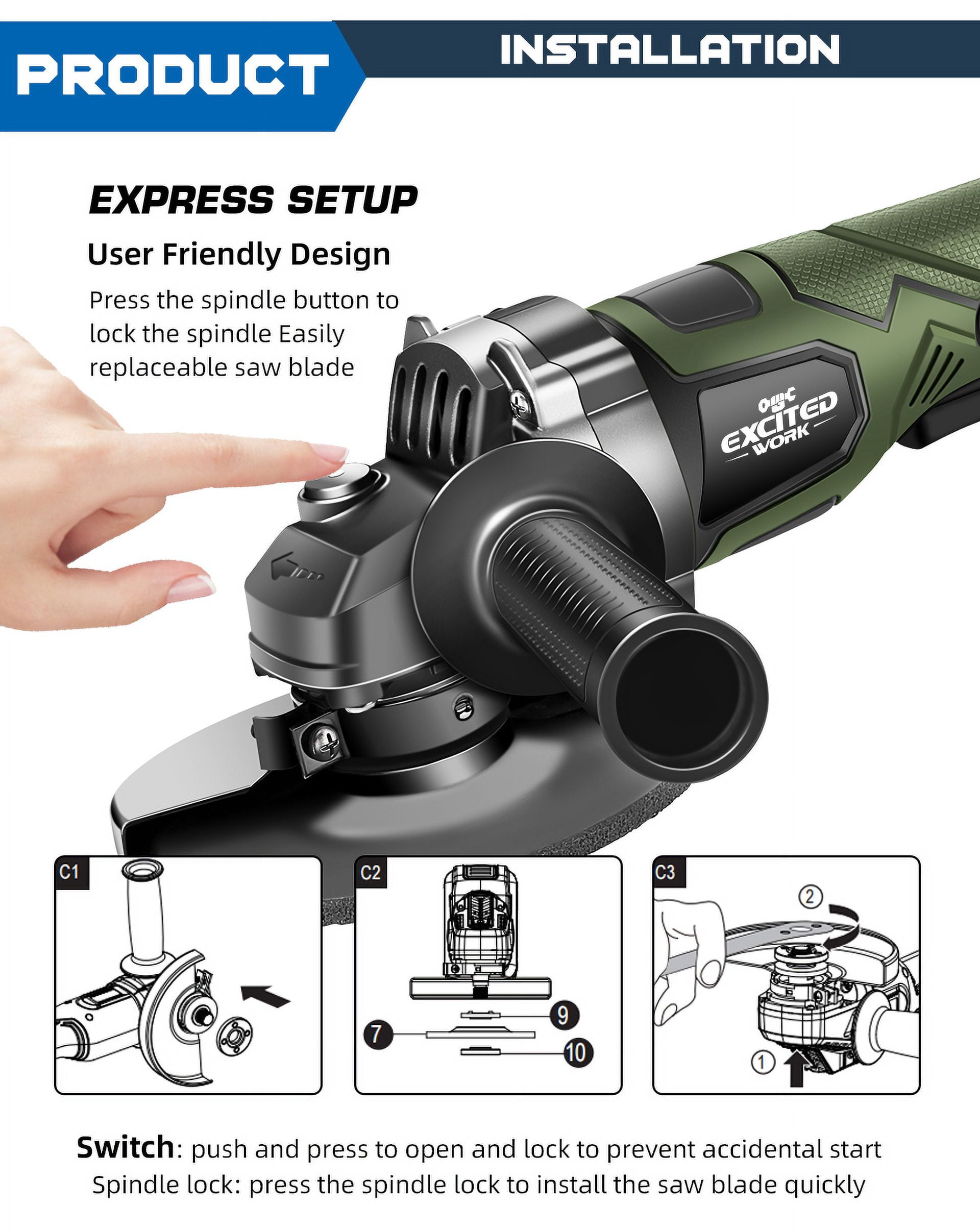 EXCITED WORK 21V 5 inch Cordless Angle Grinder, 7500rpm Brushless Electric Metal Cutting Machine with Two 4.0A Batteries and Fast Charger, 4-1/2 "Grinding Wheel for Polishing, Grinding and Cutting