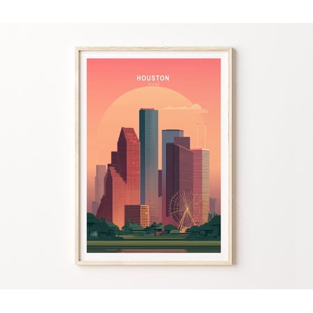 Houston Texas Downtown Skyline Urban Sunset Art Print, Unframed Paper Poster 8x10in