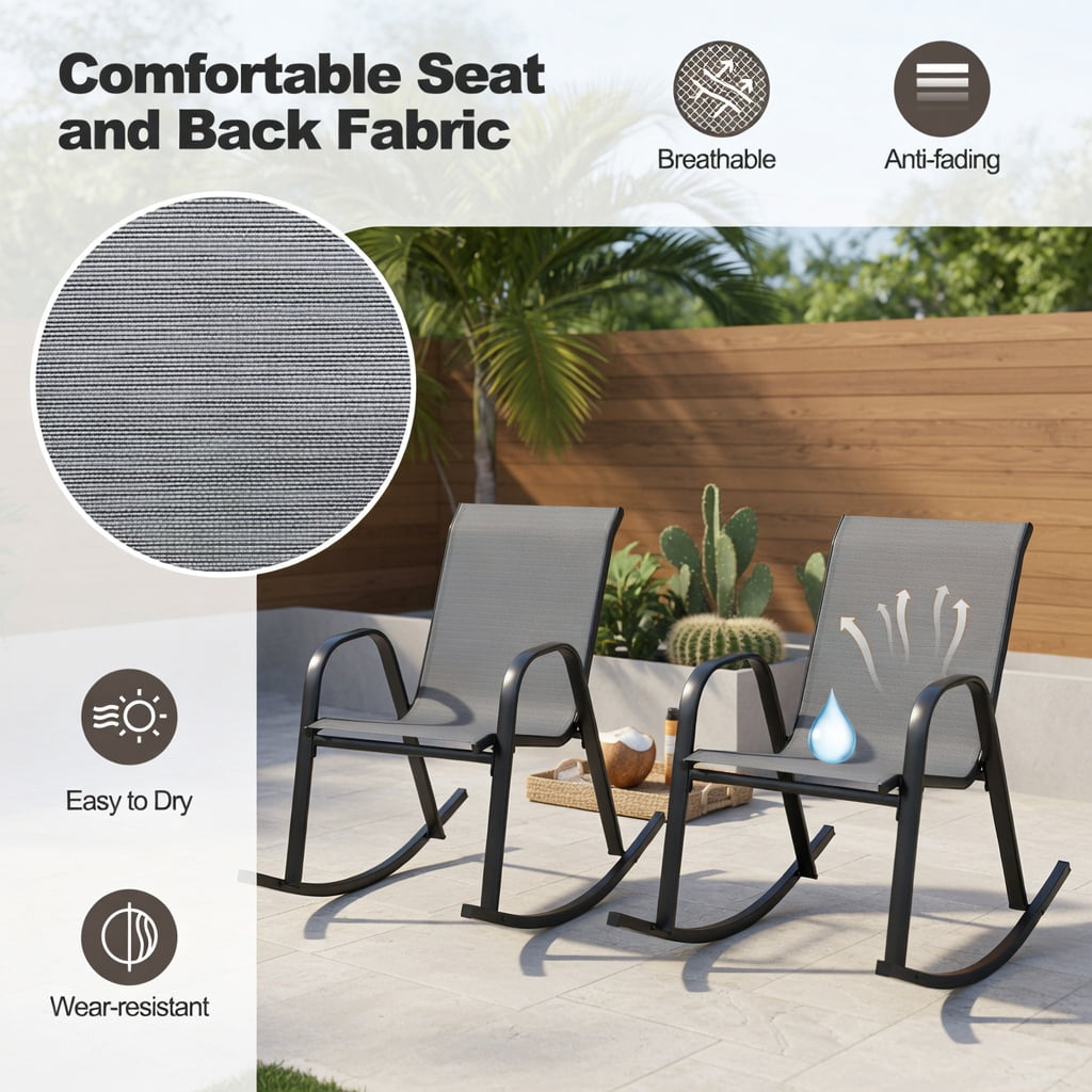 Hommoo 2-Pack Modern Metal Rocking Chairs for Patio, Rust-Resistant Steel Frame, Breathable Fabric Seat, Outdoor Rockers with Safety Stopper, Gray
