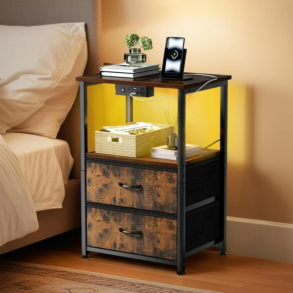 Nightstand with Charging Station and LED Lights, Small Night Stand for Bedroom with Fabric Drawer and Storage Shelf, End Table with Waterproof Top, Easy Assembly, Vintage