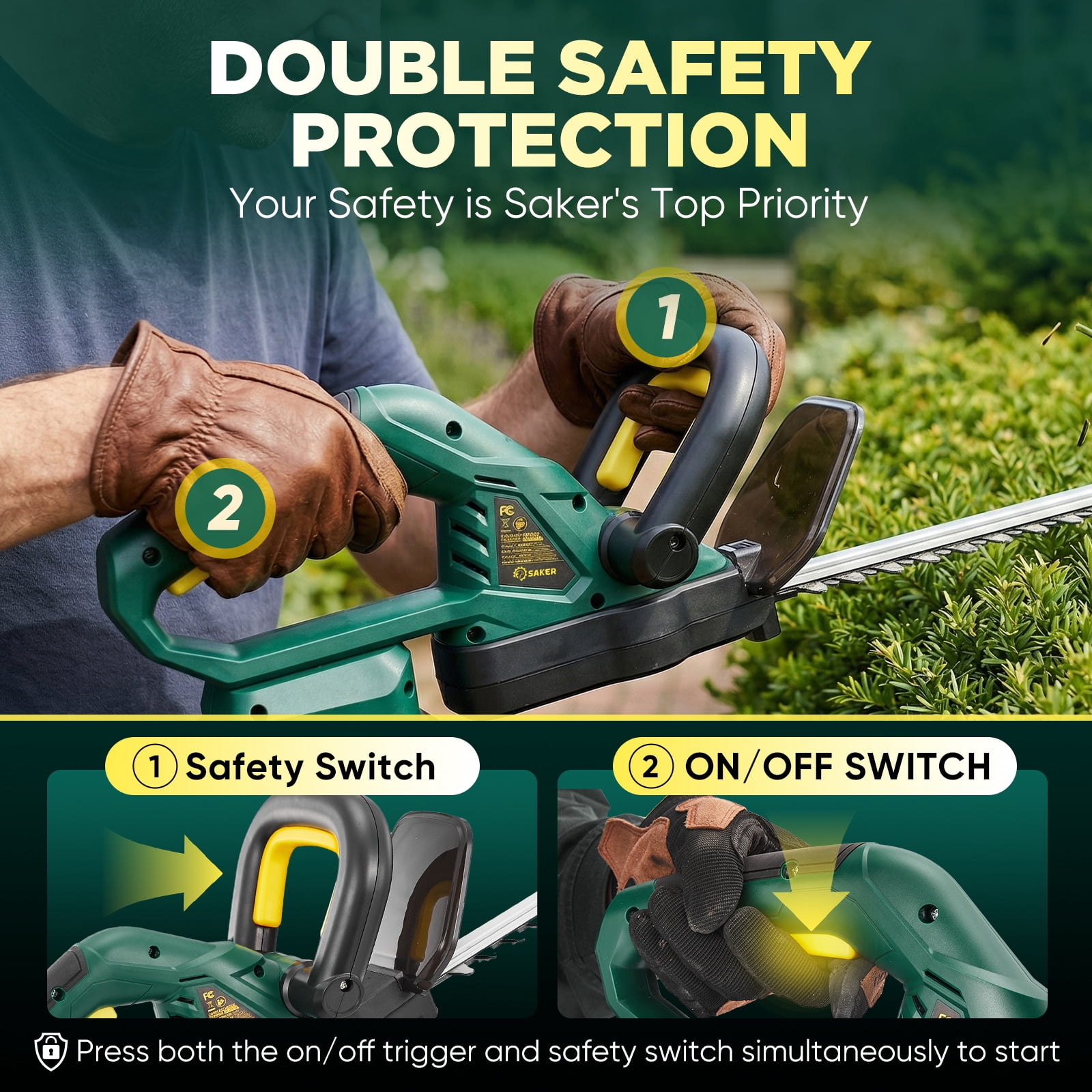 Saker 22V Cordless Hedge Trimmer, 20-Inch Handheld Electric Trimmers with Dual-Action Blades, 2x 2000mAh Batteries for Shrubs & Trees