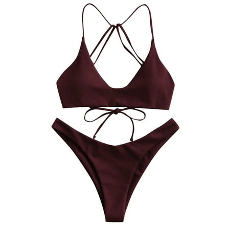 Cathalem Women Swimsuit Bikini Set High Waisted Push Up Cheeky Drawstring Two Piece Bathing Suit (Wine S)