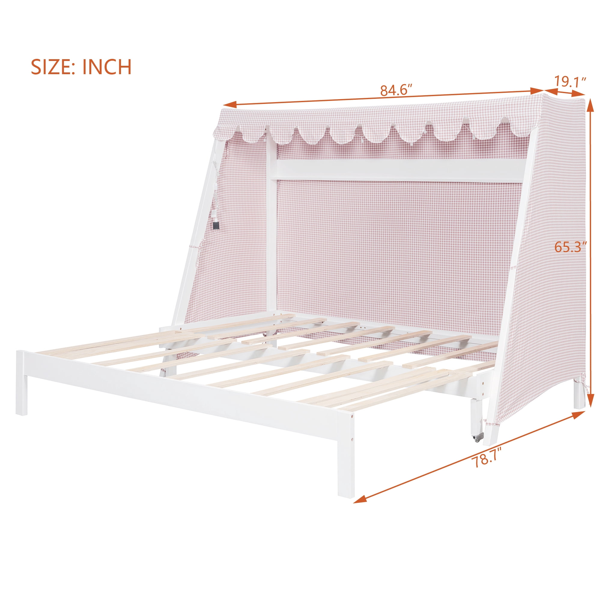 Mintazer Twin XL Platform Bed with LED Light, Trundle, Storage Shelf & Tent for Kids, White