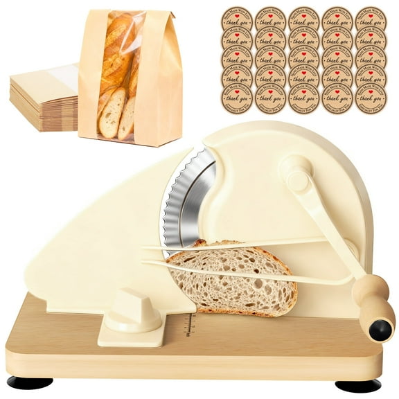 Manual Bread Slicer for Homemade Sourdough Bread with 30Pcs Bread Bags,Adjustable Thickness, Evenly Slicing, Hand Crank Bread Slicer with Scale Line and Suction Cup, Serrated Blade Design