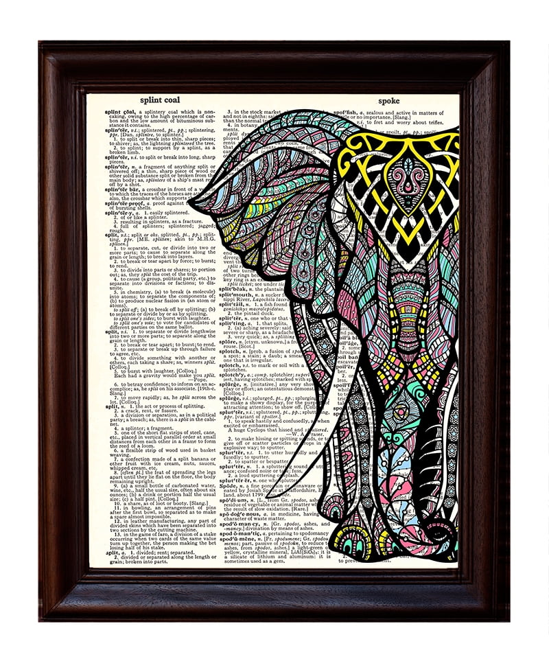 Vintage Elephant Print Picture Heart Dictionary Page Wall Art Picture Purple 