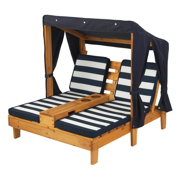 KidKraft Wooden Outdoor Double Chaise with Cup Holders, Kid's Furniture, Honey & Navy