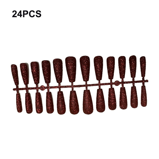 24 Pieces False Nails Glitter Shimmering Powder Full Cover Artificial Nail Tips Simple Operation Fingernail Decal DIY Accessory dark red