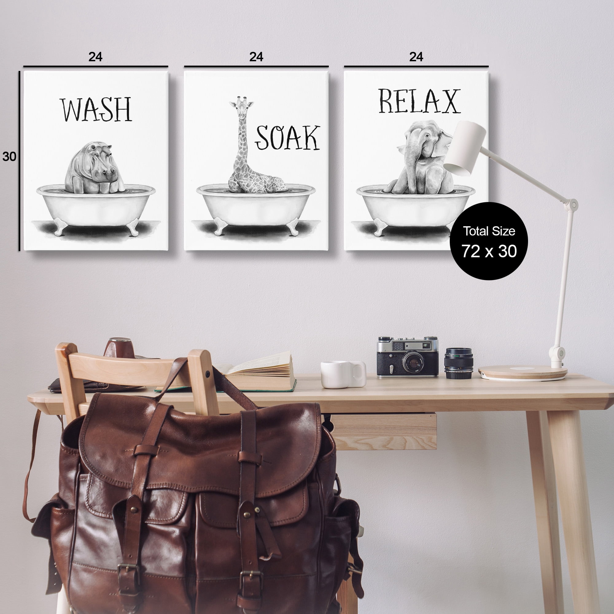 Stupell Industries Wash Soak And Relax Jungle Animal Bath Tub Canvas Wall Art Design by Rachel Nieman, 3 Piece, 24" x 30"