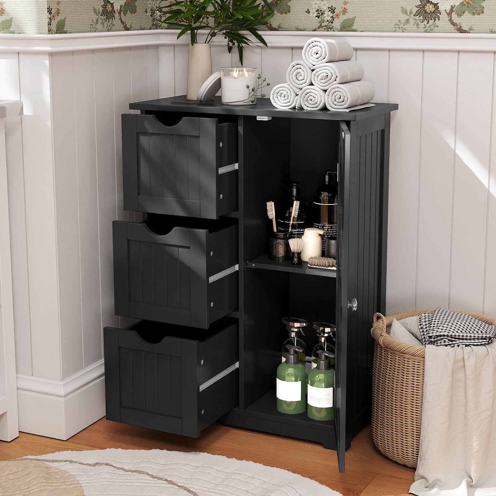 Costway Bathroom Floor Cabinet Side Storage Cabinet, Black, 12''