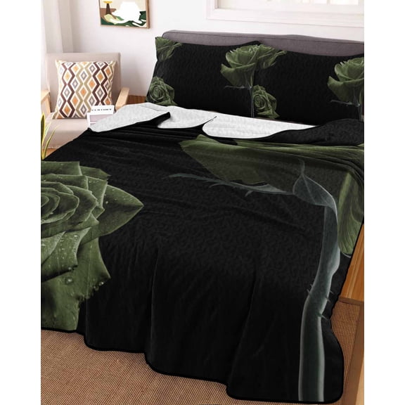 Sage Green Rose Twin Size Down Alternative Comforter,Lightweight Comforter Quilt Bedding Set with Pillow Shams Vintage Abstract Garden Flower Floral Black Bed Comforter Duvet Insert 68"x86"