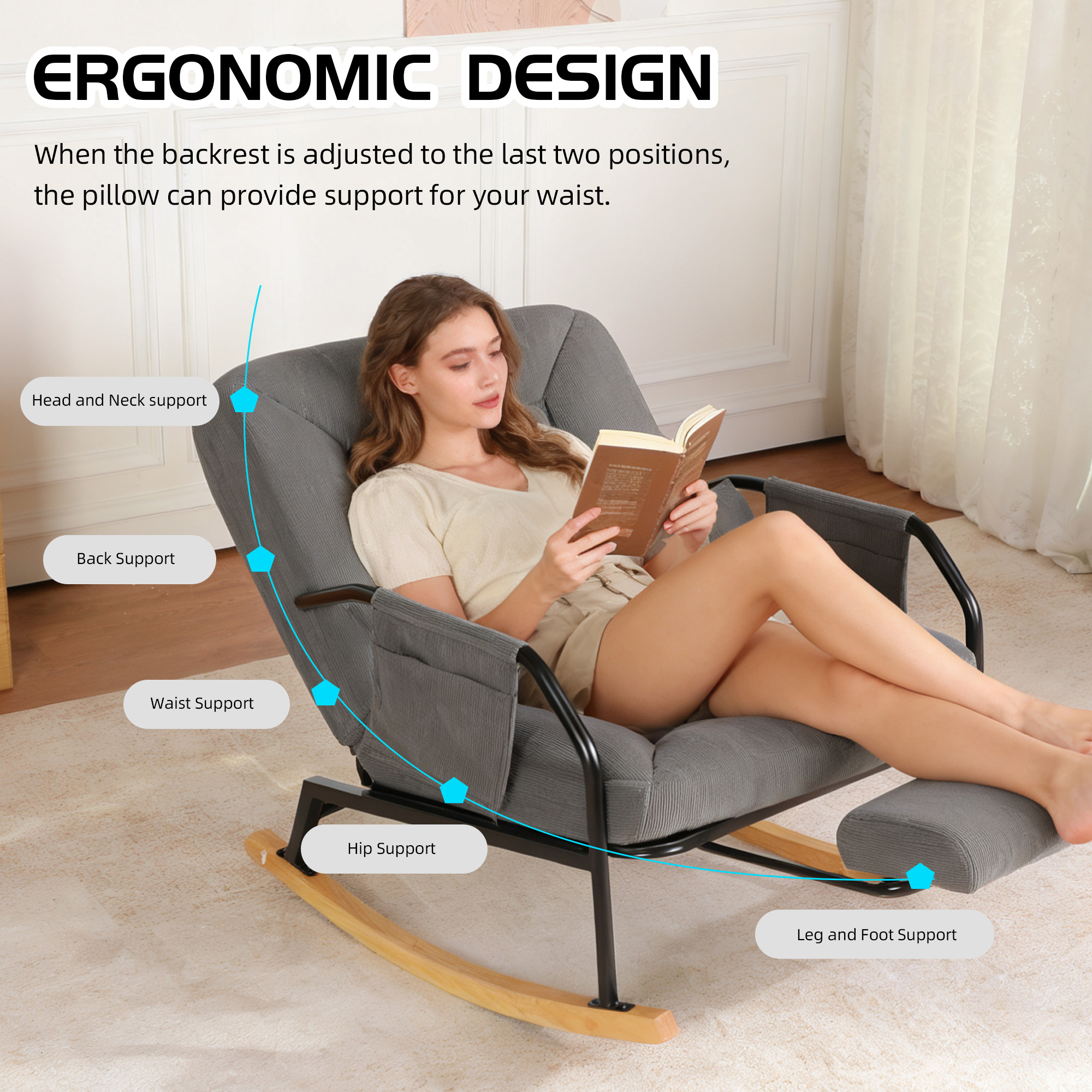 Hforesty Oversized Rocking Chair with Footrest ,Rocker Glider with Metal Farm,Wooden Bottom and Adjustable Backrest for Indoor Use: Balcony, Living Room or Bedroom.(corduroy)GREY
