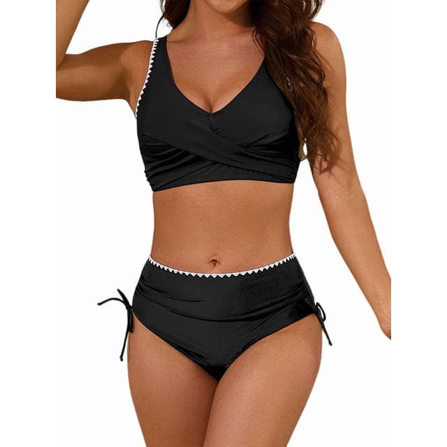 Conjuntos de Bikini para Mujer, Traje de Baño de Dos Piezas con Escote en V y Cintura Alta, con Costuras de Concha. Negro S