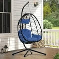 thumbnail image 3 of Swing Egg Chair, Wicker Hanging Chair with Stand and Cushion, Heavy Duty Frame, for Indoor/Outdoor, Patio, Poolside, Balcony, Bedroom, 300 lbs Capacity, Navy, D6525, 3 of 9