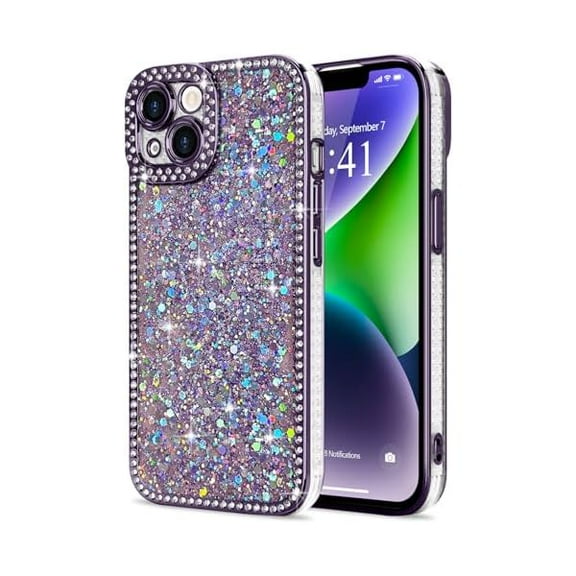 for iPhone 14 Case Glitter, Luxury Shiny Bling Sparkly Phone Cover with Crystal Diamonds Rhinestone for Women Girls Soft TPU Slim Shockproof Protective Phone Case for iPhone 14 6.1", Purple