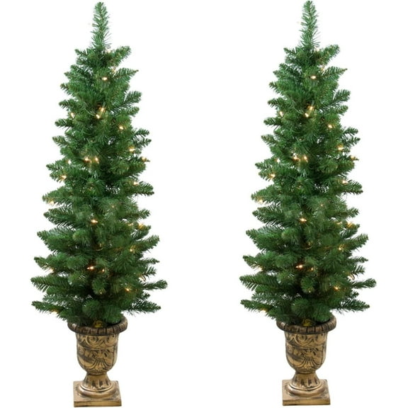 MMZP Pre-Lit Whitmire Pine Potted Artificial Christmas Trees 4' - Clear Lights - Set of 2