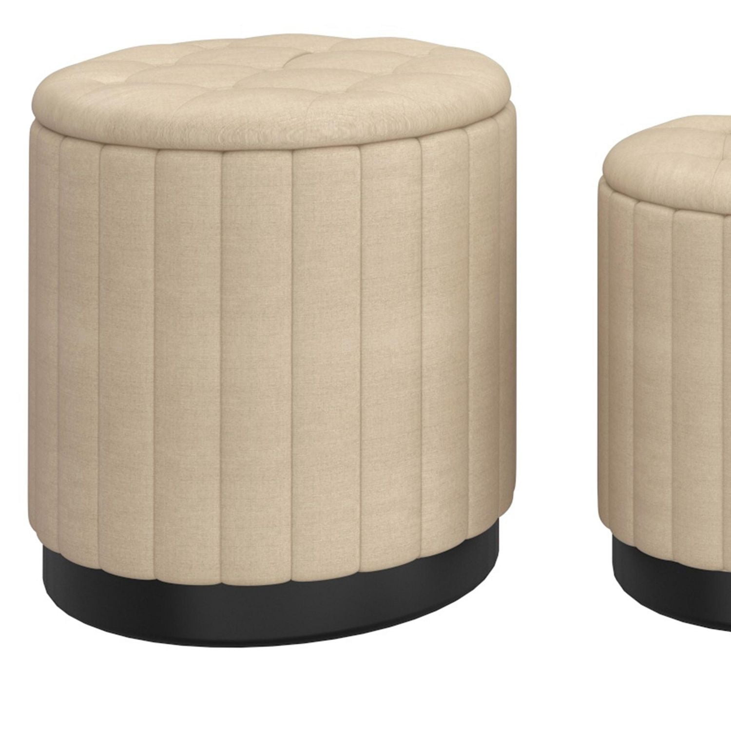 Ensemble de 3 ottomanes de rangement rondes modernes en tissu et en acier inoxydable – beige et noir