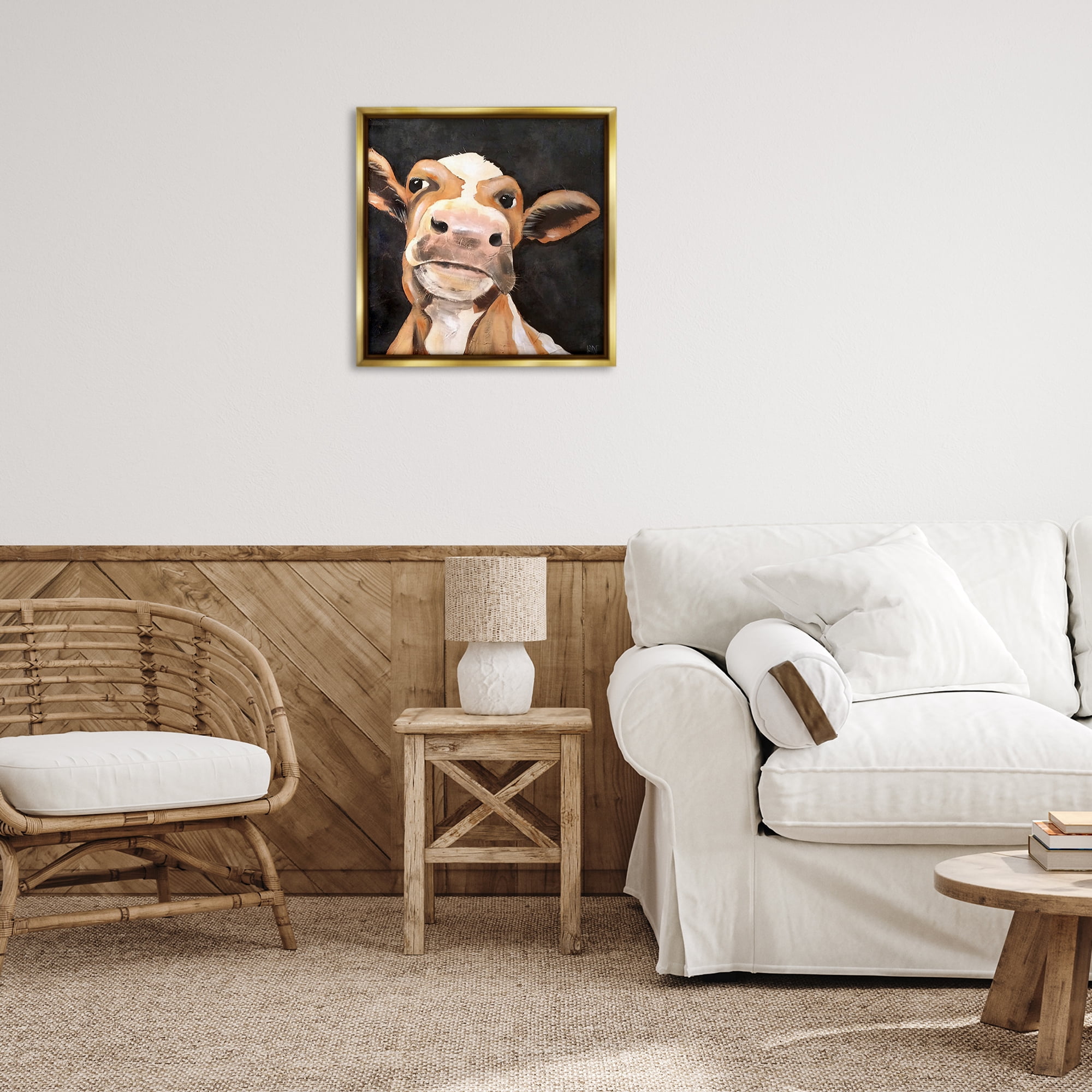 Stupell Industries Country Cow on Black Animals & Insects Painting Gold Floater Framed Canvas Art Print Wall Art, 25 x 25