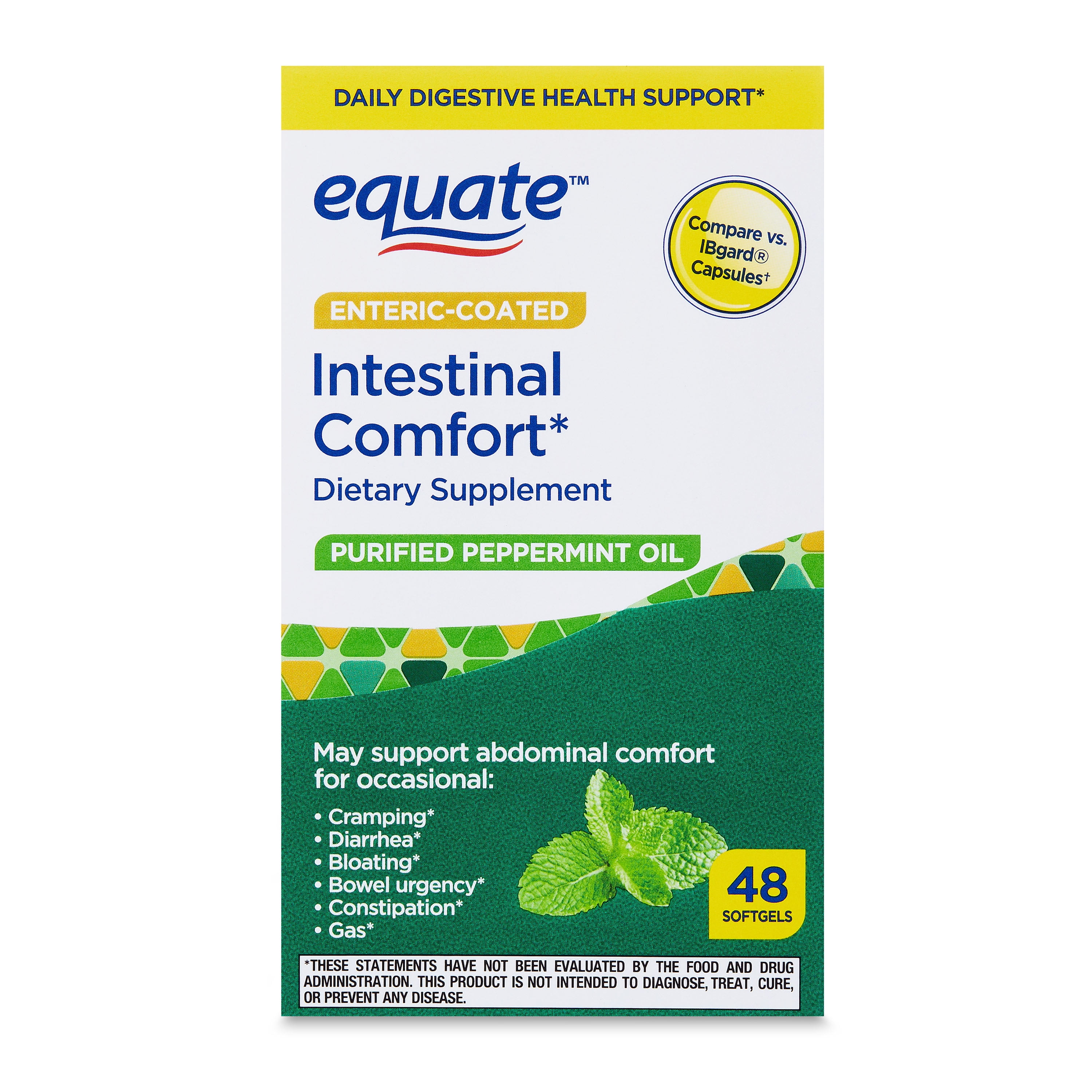 (3 pack) Equate Intestinal Comfort Purified Peppermint Oil Dietary Supplement Softgels, 180 mg, 48 Count, Compare vs IBgard® Capsules