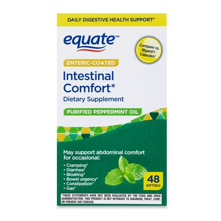 Equate Intestinal Comfort Purified Peppermint Oil Dietary Supplement Softgels, 180 mg, 48 Count, Compare vs IBgard® Capsules
